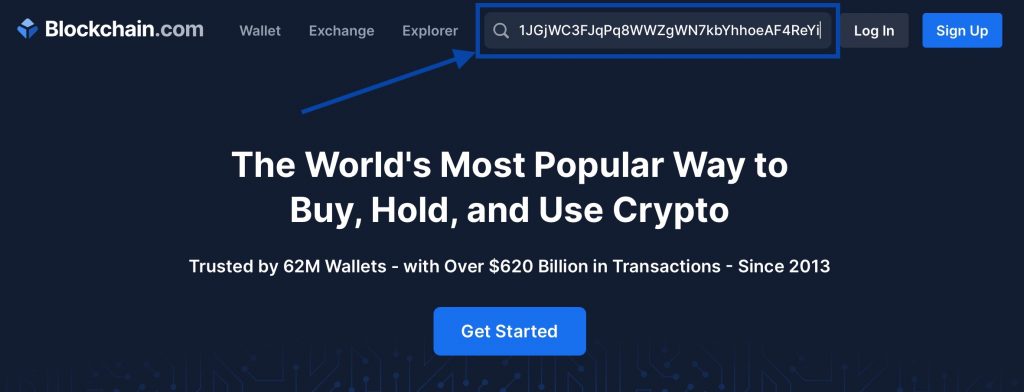 Entrez l'adresse de votre portefeuille Bitcoin dans l'explorateur de blockchain.com